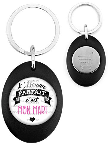 Badgmania Porte Clés Ovale Noir Jeton de Caddie L'Homme Parfait C'EST MON MARI Humour Idée Cadeau