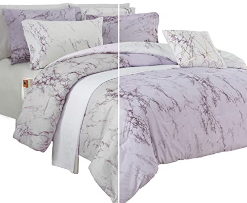 Elegant Comfort Matériau Doux, Pelucheux, léger, Ensemble de 10 pièces de marbre, Microfibre, Lilas/Violet, très Grand lit californien