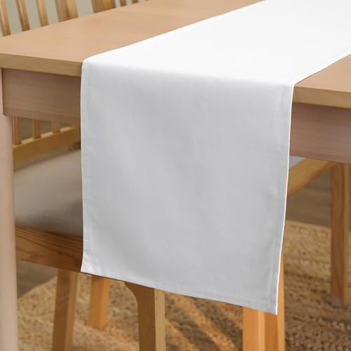 Encasa XO Tischläufer, Baumwolle Canvas, Modern 13x72 | Weiß, Maschinenwaschbar | Pflegeleicht & Strapazierfähig | Esstisch & Küche | Fleckenabweisend | Rechteckig