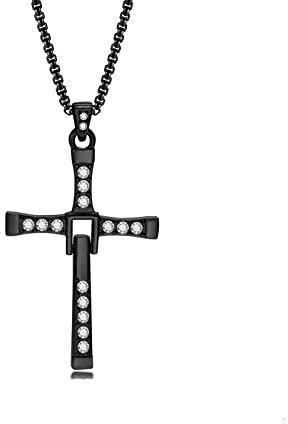 KnSam Herren Halsketten Männer Edelstahl, Kreuz Anhänger Erbskette mit Funkelndem Weiß Zirkonia, Schwarz Necklace 60CM