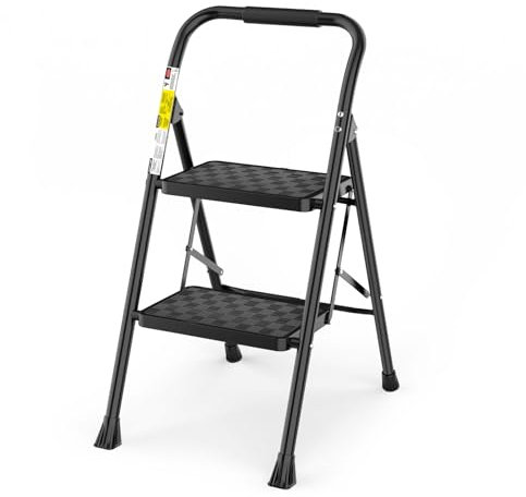 HBTower Scala 2 Gradini Pieghevole, Pedane Antiscivolo con Design a Mosaico, Corrimano Imbottito, Leggera e Salvaspazio, Portata 150KG