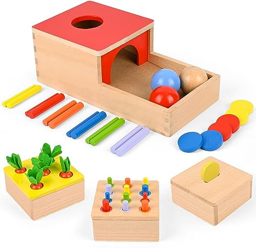 Comius Sharp Jouets en Bois, 4 en 1 Jouets Montessori, Jouets de motricité, Thème pour la Permanence des Objets, Boîte à Pièces, Pique Carotte, Bâtons d'Assortiment des Couleurs