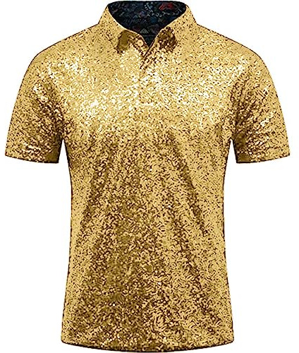 Herren Relaxed Short Sleeve Turndown Sparkles Pailletten Polos Shirts 70er Jahre Disco Nachtclub Party T-Shirts Hemd Überlänge Herren