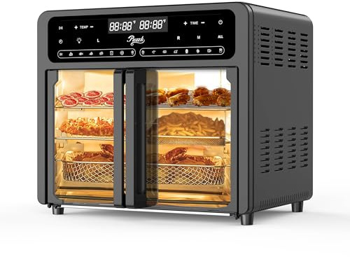 PwZzk 25.4QT Dual Zone Air Fryer Toaster Oven Combo, French Glass Door, XL Capacity, 100-430°F Temperature Range, 16 Preset Functions, LED Display, Dual Fan, 360° Heat Circulation