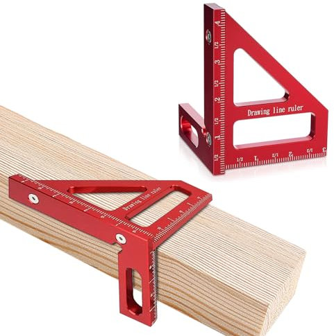 3D Multi Angle Measuring Ruler, 45° & 90° Degree Triangle Scriber Square Protractor, Miter Triangle Ruler Measuring Tool for Engineer Aluminum Inch Scale for Carpenters and Woodworkers (Red).