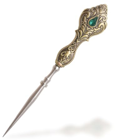 URROMA Gold Vintage Embroidery Awl, 1 Piece European Style Sewing Tool Kit Sewing Awl with Green Rhinestone Handle Awl Scribe Tools for Punch Stitching DIY Craft