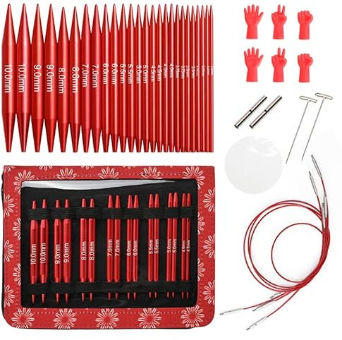 LetCart Stricknadel-Set, Aluminium Rundstricknadeln für Stricken, Doppelspitzen Stricknadeln mit Stricken Zubehör Stricken Starter Kit für Erwachsene, Stricker Geschenk (Rot)
