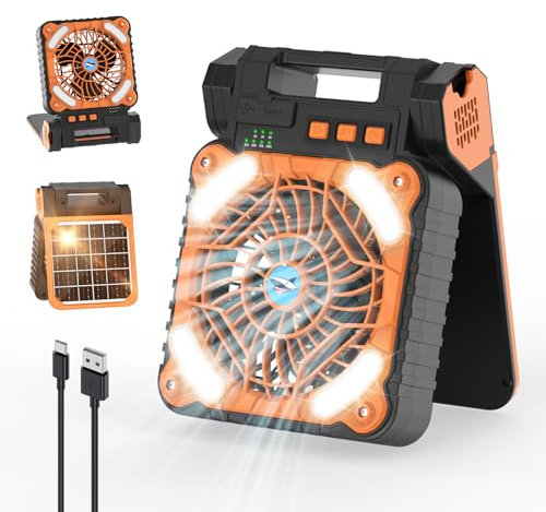 Smiling Shark Camping Ventilator LED, 6000mAh USB Aufladbar Tragbar Zelt Ventilator light 4 Speeds & 3 Timer 90° Faltbare Kabellos Solar LED Camping Fan with Power Bank für Reisen Fishing Wandern