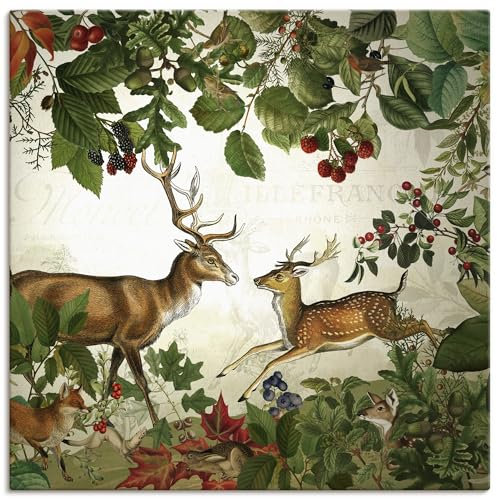 ARTLAND Wanddeko Leinwand Bilder Wandbild 40x40 cm Herbstdeko Tiere Pflanzen Hirsch Reh Wald Idylle Natur U5GX
