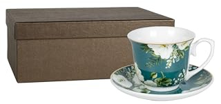 LIVELLO Set aus 2 Porzellantassen mit Untertassen 250 ml Elegante Kaffeetassen im Geschenkset Kaffebecher Kaffe-Tasse Porzellan Pott Tee Küche Restaurant Tassen Becher Perfekt Tee Blumen Blau