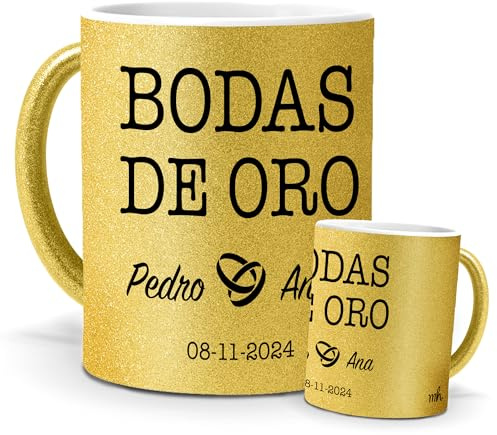 Taza personalizada bodas de oro | Pon los nombres y fecha que quieras | regalo original para celebrar vuestro 50 aniversario de bodas | Cerámica Purpurina oro | Tazas de Café, Té... | 350 ML