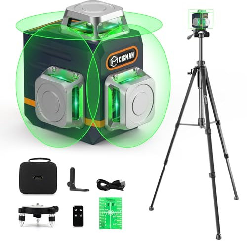 Kreuzlinienlaser mit Stativ, CIGMAN 3x360 Grad Grün Selbstnivellierend Laser Wasserwaage mit 1,2m -Aluminium-Baustativ, Baulaser Kreuzlaser Linienlaser bis zu 30 Stunden mit Lithium-Batterie,CM701T