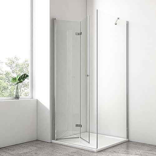 EMKE Duschkabine 80 x 80 x 185 cm Eckeinstieg Duschabtrennung Falttür Mit Seitenwand 90cm 6 mm NANO-Glas Duschkabinen Duschtür Faltbar Dusche Duschwand Fertigdusche Komplettdusche