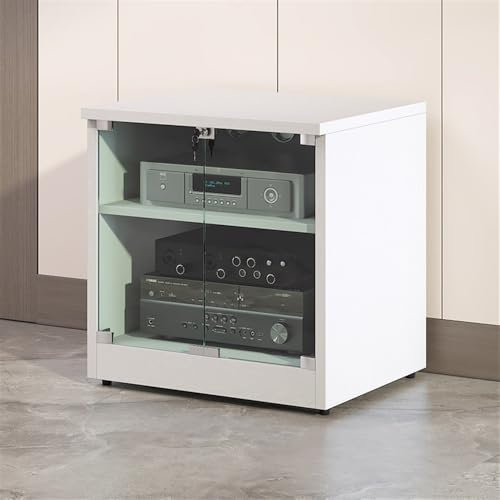 HDMOZUYT Medienständer mit Tür aus gehärtetem Glas, modernes Sound-Rack mit verstellbarem Regal, Stereo-Schrank aus Massivholz für Spielekonsolen und DVD-Player (schwarz, groß) (weiß, klein)