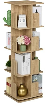 Relaxdays Bücherregal, 360 Grad drehbar, 4 Ebenen, Holzoptik, Bücher, HBT: 125,5x39x39 cm, Wohnzimmer Drehregal, Natur