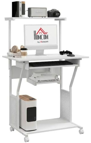 HOMCOM Computertisch, Schreibtisch mit rollbarem Stauraum mit Ablageböden, Arbeitsstation und Tastaturablage, Computertisch auf Rollen, 80 x 50 x 130 cm, weiß