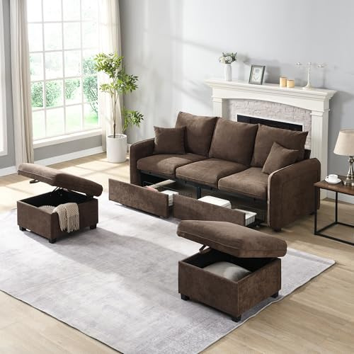 Soweiz Multifunktionale Ecksofa U-Form-Dreisitzer Polster-Sofa, Inklusive Schubladen, Hocker mit Staufach, modular zerlegbares Sofa-Set mit Schlaffunktion,188x82x86cm (Braun (Chenille-Bezug))