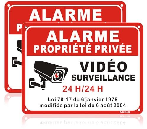 Acuxiaza 2 Pièces Panneau Alarme Vidéo Surveillance 20x15 cm Aluminium Panneau Propriété Privée sous Vidéo Surveillance, Résistant aux UV, Imperméable, Avec Trous Percés