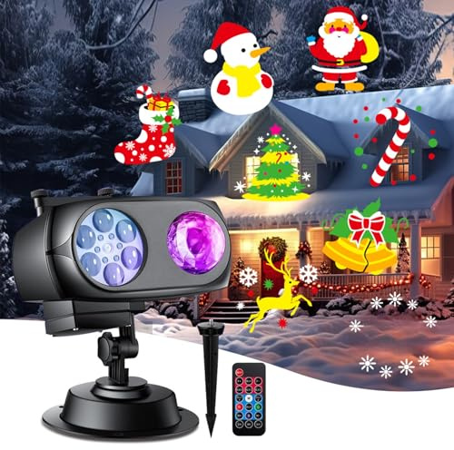 Christmas Projector Lights Outdoor - Indoor and Outdoor Christmas Decorations 2-in-1 Moving Patterns Landscape Lights 80 Patterns 10 Ocean Waves Window Projector Lamp for Garden Party Yard Xmas