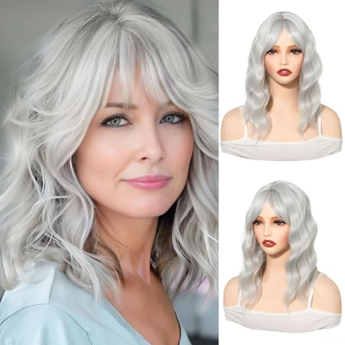 PARXITN Hair Topper för kvinnor, syntetiska hårdelar, 35 cm, hårtoupé med lugg, wave, wiglets, hårstycken för tunt hår, silver