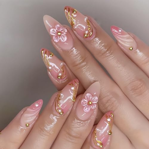 Auriselle 24 pezzi 12 misure Set unghie finte Unghie finte 3D con fiori French Goldperle Mandel adesive lunghe artificiali adesive Matrimoni Feste Vita quotidiana Donne, Rosa