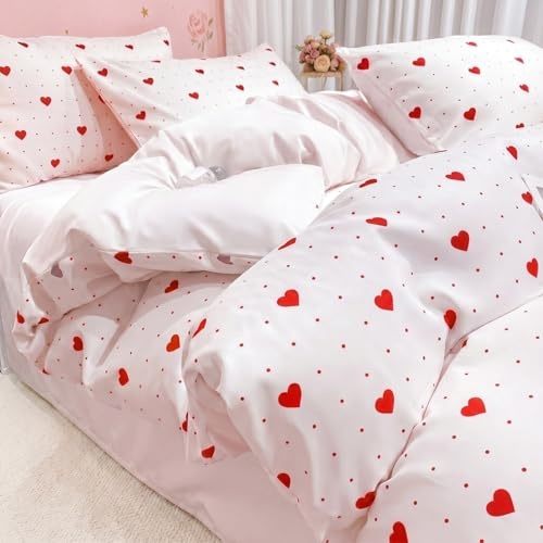 Nesture Bettwäsche 155x220 Mädchen Weiß Rot Herzen, Kinder Bettwäsche-Sets Microfaser Bettbezug 155 x 220cm 2teilig bügelfrei & weich - 1 Wendebettwäsche und 1 Kissenbezug 80x80 mit Reißverschluss