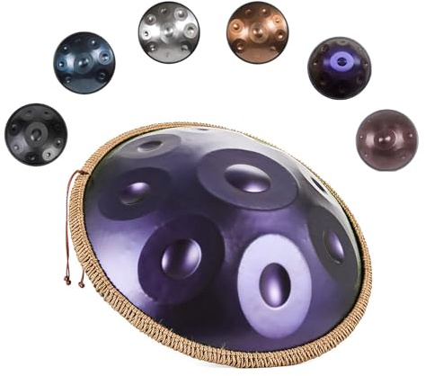 Handpan Drum 22 Pollici 440Hz Tamburo in Acciaio Handpan Strumento Musicale 9/10/12 Note Percussioni Armoniche per La, Yoga con Custodia Morbida Mazzuole Tripode(Purple,10 Notes)