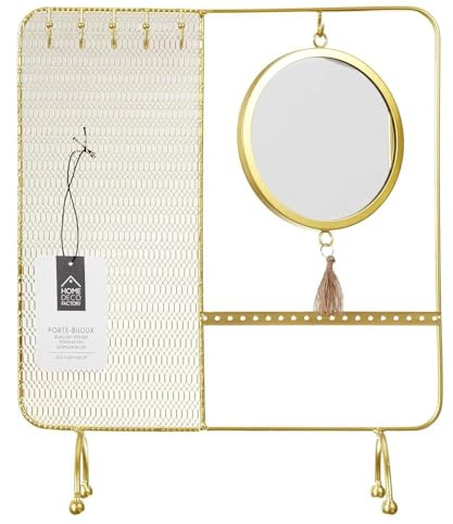 HowHomely | Smyckesställ i guld med spegel och krok – arrangör för smycken på fötter, smyckeshållare i glamourstil för örhängen med kedja