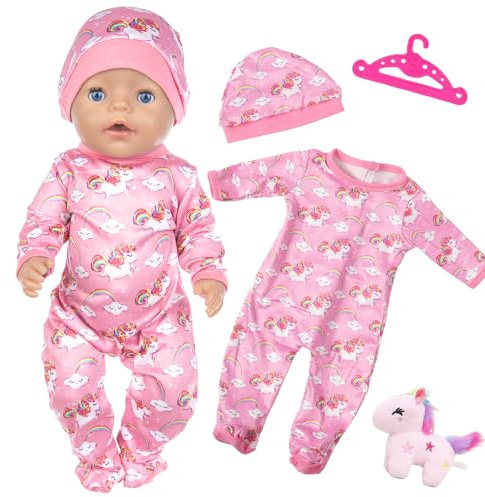 4-TLS. Babypuppenkleidung für 35–43 cm große Puppens, Niedliches Puppen Outfit mit rosa Pony-Strampler, Mütze, Pony-Anhänger und rosa Kleiderbügel, Babypuppen Kleidung 43cm, Geschenkidee für Mädchen