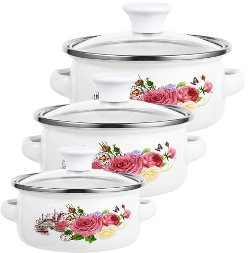 MUELODSIC Set 3 Pezzi Pentole Smaltate per Cucina Doppio Manico, Fondo Piatto per Stufare e Cuocere Zuppe in Casa Stili Multipli