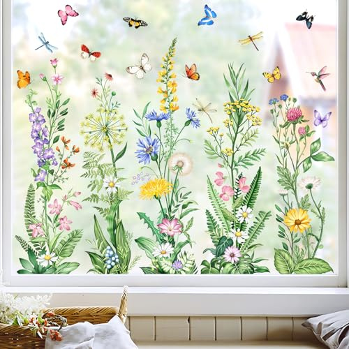 Tanlaby Fensterbilder Frühling Wildblumen Fensteraufkleber Blumen Gras Schmetterling Vintage Sommer Fenstersticker Doppelseitig Anti-Kollision Fensterdeko Aufkleber für Glas Fenster Glastüren