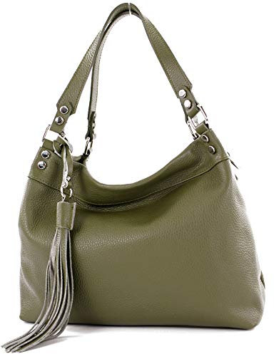 modamoda de T201 Damen Leder Schultertasche Handtasche handmade in Italy, Farbe:Olivgrün