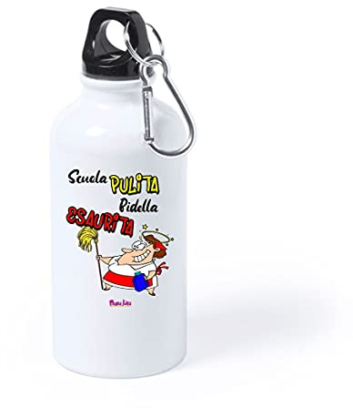 Regali Pazza idea Borraccia Bottiglia Alluminio 500 Ml - Alluminio - Tappo a Vite con Moschettone - Decorata - Regalo Bidella - Collezione Scuola Pulita