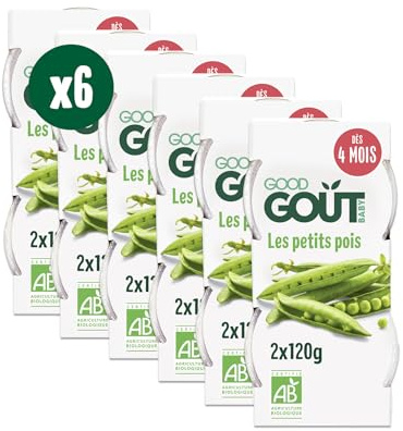GOOD GOÛT - Les Petits Pois - Plat Cuisiné Pour Bébé - Dès 4 Mois - Purée Lisse - Fabriqué En Bretagne - Bol Micro-Ondable - 2x120g - Lot de 6