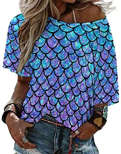 Ykklima Ombre Mermaid Teal Purple Fish Scale Pattern Womens Tops Sexy Off Shoulder Shirts Casual Short Sleeve T-Shirt, Purple,teal, L