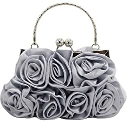 CORIOS Pochette de Soirée pour Femme Fleur Sac de Soirée Elegance Satin Embrayage Sacs à Main D'épaule de Mariée Sacs Fourre-Tout de Chaîne pour Fête Mariage Banquet Argent