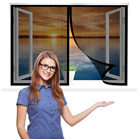 Fliegennetz Fenster Magnet, 155 x 115 cm Insektenschutz, Mückennetz Fliegengitter Balkontür, Total Magnetisch, Automatik-Verschluss für Alle Fenster, Schwarz