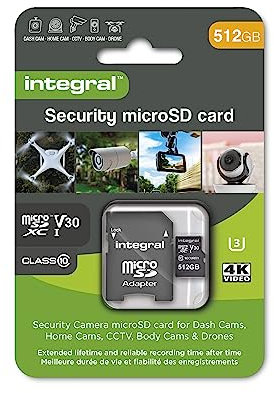 Integral Tarjeta de Seguridad Micro SD 512 GB para Dash-cams cámaras domésticas CCTV cámaras corporales y Drones. Vida útil Prolongada y grabación de Confianza en Todo Momento de Alta Resistencia