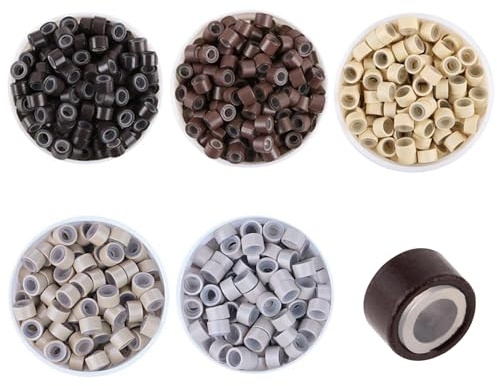 DHWEKU 500 pcs de micro anneaux pour extensions cheveux, perles de doublure en silicone de 5.0 mm pour extensions de cheveux et plumes (5 couleurs, 100 de chaque)