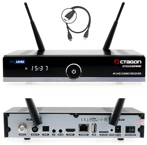 OCTAGON SF8008 UHD 4K Supreme Combo Ricevitore, cavo satellitare e ricevitore DVB-T2, E2 Linux & Define OS, con funzione di registrazione PVR, M.2 M Key, Gigabit LAN, Bluetooth, lettore di schede, SAT