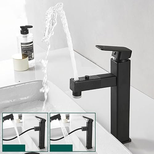 Komplett aus Kupfer gefertigter, ausziehbarer Wasserhahn für Badezimmer, Unterbauwaschbecken, Waschbecken, Handwaschbecken, obere und untere Wasserhähne, komplett schwarz