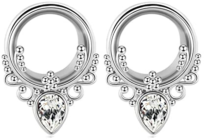 Grewod Tunnel Damen Elegant, Edelstahl Silber mit Blume und Zirkonia Ohr Tunnel Flesh Tunnel Ohr Plug Ohr Expander Piercing Schmuck 10MM, 2 Stk