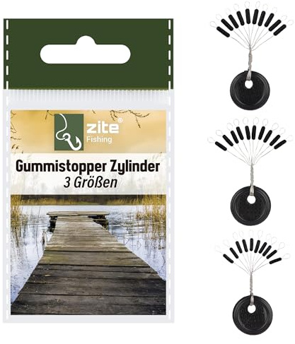 Zite Fishing Gummistopper Set Angeln | Schnurstopper 3 Größen S, M, L | Zylinder-Form oder Ovale Rubber-Stopper | Posenstopper mit Aufziehhilfe als Vorfach-Zubehör (Zylinder)