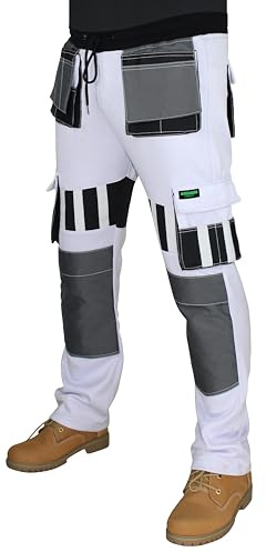 HASHOOB TRADING FZE Mens White Fleece Painter Work Trousers Decorators Front Strip Design Knee Pad Pocket Pants (Three-White, XL)