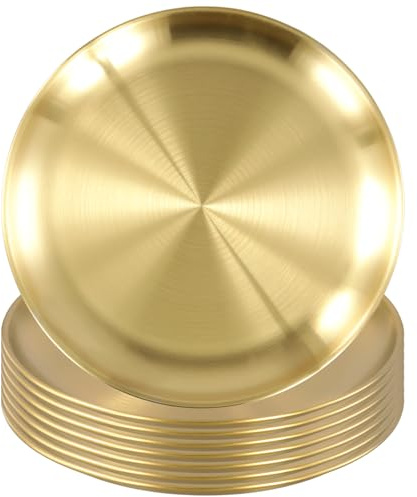 SYUTBOU 8 Stück 20 cm Rund Gold Tablett, Goldene Serviertablett aus Edelstahl, Golden Speiseplatte Teller für Speisen, Servieren