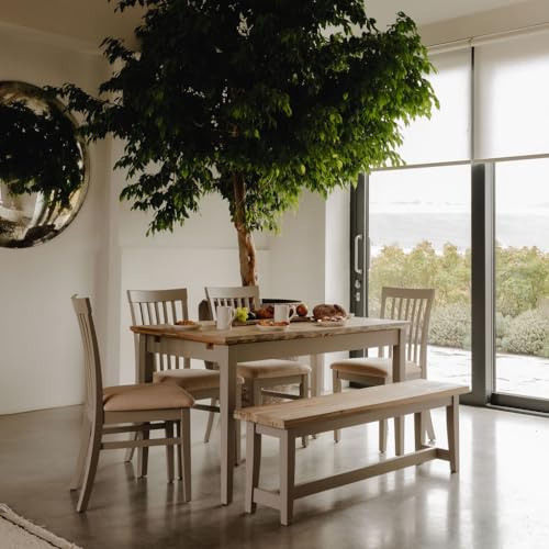 Statement Furniture Florence Extending Dining Table Set, 140-170-200cm Extendable Table, with 4 Upholstered Wooden Chairs and Bench, Acacia Hardwood Top (truffle)