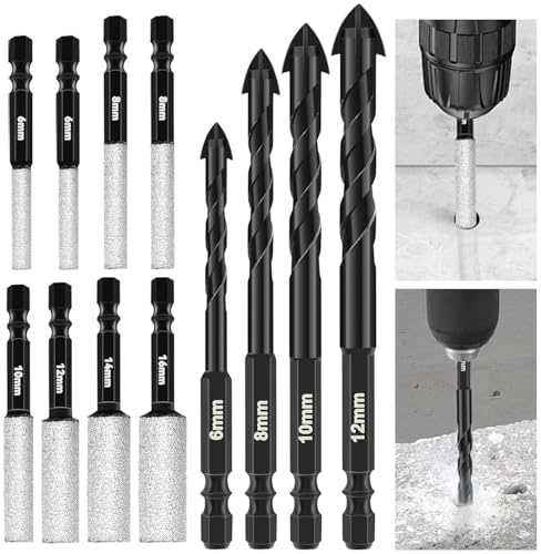 12Pcs Diamond Drill Bits Set, Porcelain Tile Drill Bit 6/8/10/12/14/16mm Masonry Drill Bits 6/8/10/12mm Hex Shank Diamond Dry Drill Bits Sets for Porcelain Tile Ceramic Stone Granite Marble
