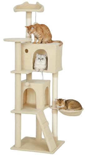 PawHut Árbol Rascador para Gatos, Árbol para Gatos 160 cm, Torre Escalador con Múltiples Plataformas, Cama, 2 Cuevas, Hamaca, Escalera, Postes de Sisal, Bolas para Jugar, Beige