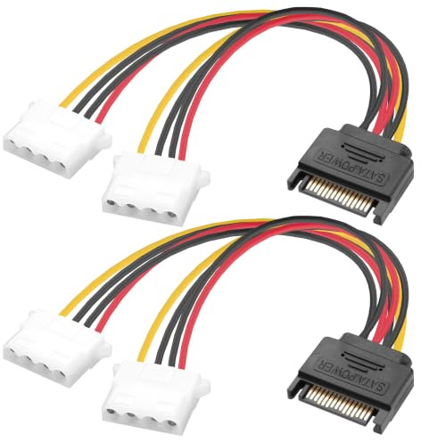 ELFJMZP Cable adaptador SATA de 15 pines a 4 pines IDE Molex (tipo D) de 1 a 2 divisores, 18 AWG, 20 cm, compatible con discos duros, unidades y ventiladores (2 unidades)