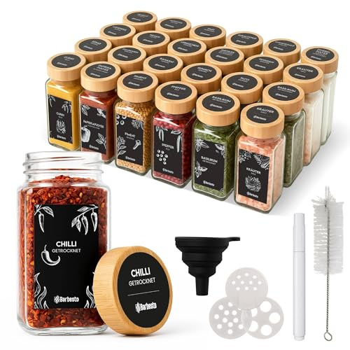 CLP Gewürzgläser eckig 24er Set (120ml), Gewürzstreuer klein mit Streueinsätzen und Etiketten, inkl. Trichter und Reinigungsbürste Farbe Natur Material Holz